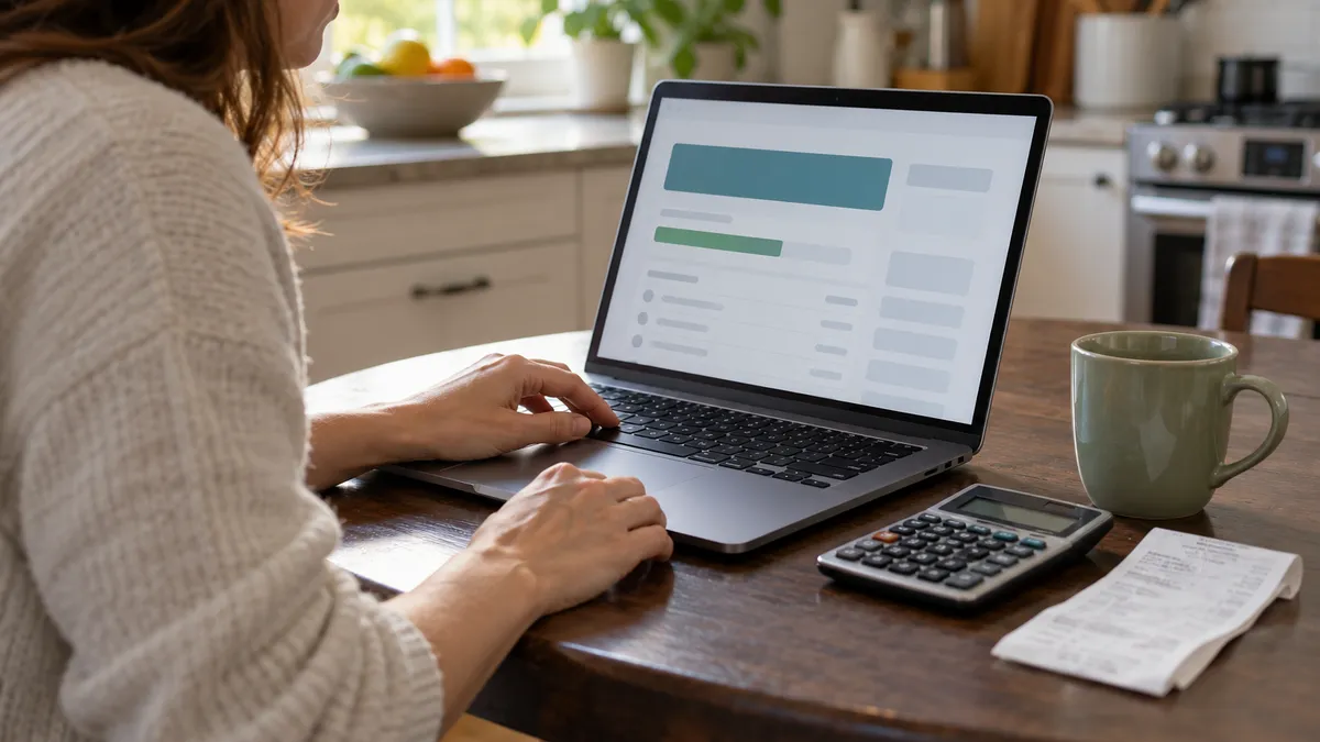 Woman checking a laptop beside a calculator, retail receipt and green mug