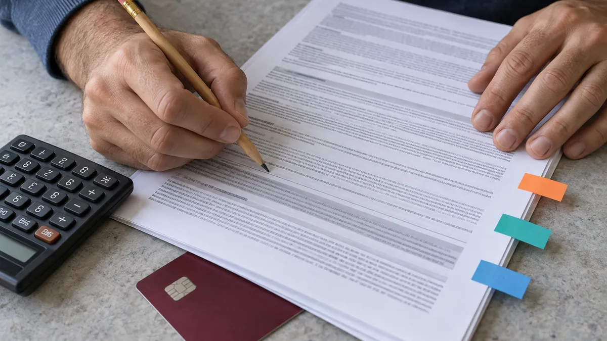 Hands checking a card agreement beside a calculator and colored page markers