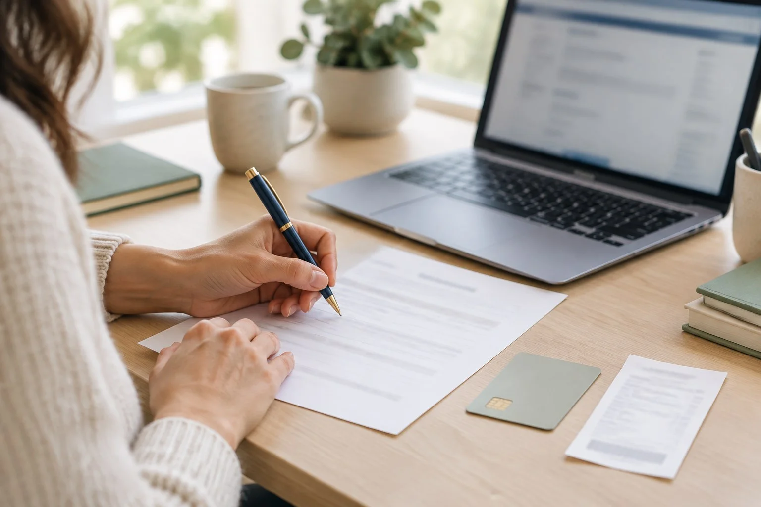 Woman writing a credit balance refund request beside a credit card and laptop at home