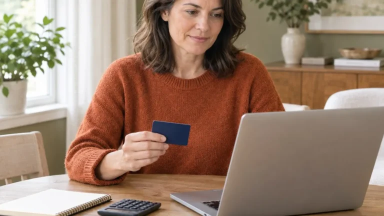 Woman reviewing her card account on a laptop before deciding whether to close it