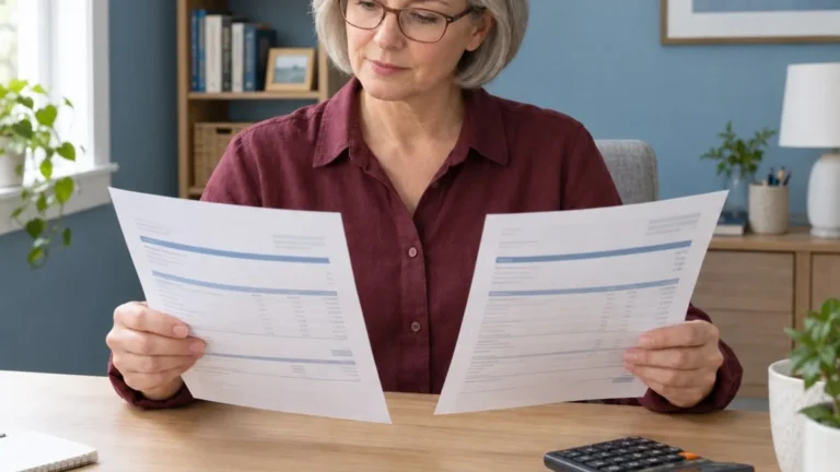 Woman comparing two monthly card statements beside a calculator