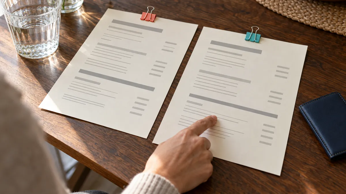 Two offer sheets with coral and turquoise clips as a hand points to one set of terms
