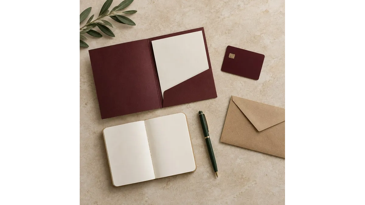 Notebook, plain credit card and paper folder prepared for an account closure checklist