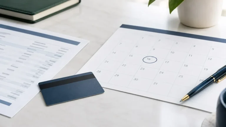 Credit card and monthly payment planner on a tidy office desk