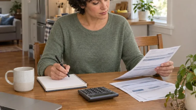 Woman comparing a card statement with her budget notebook at a kitchen table