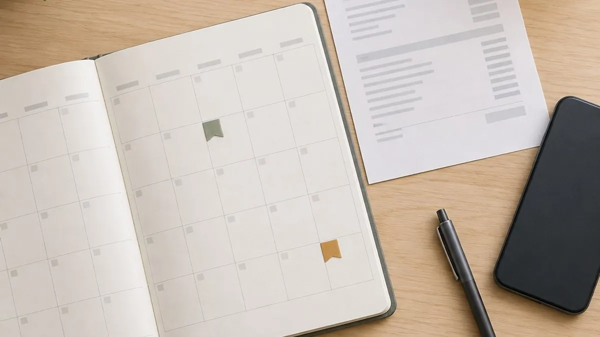 Monthly planner beside a card statement, a phone and a pen on a desk