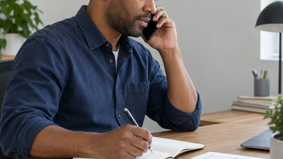 Man speaking by phone with a notebook and card statement open on his desk