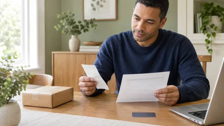 Man reviewing a purchase return receipt and card statement beside a return package