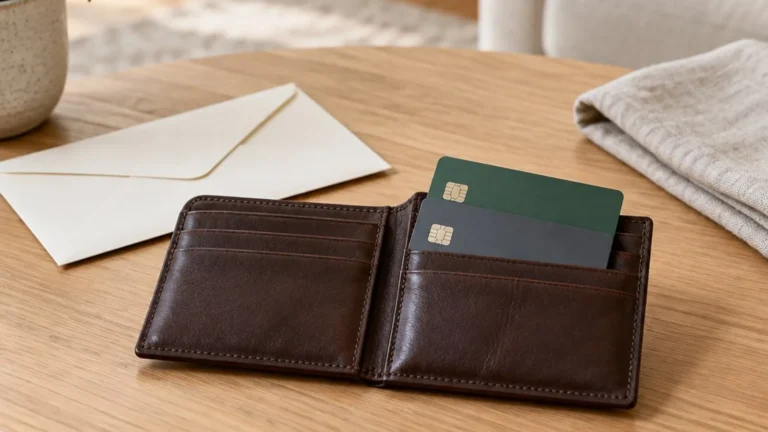 Two unbranded credit cards in a wallet beside a plain envelope