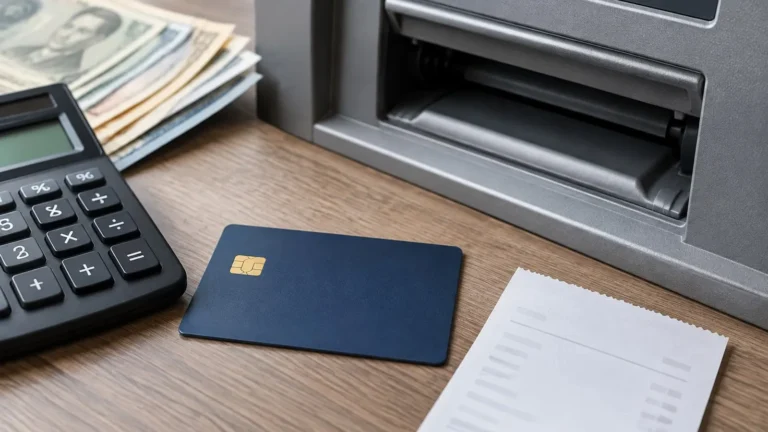 Generic credit card, cash, calculator and fee receipt representing a cash advance