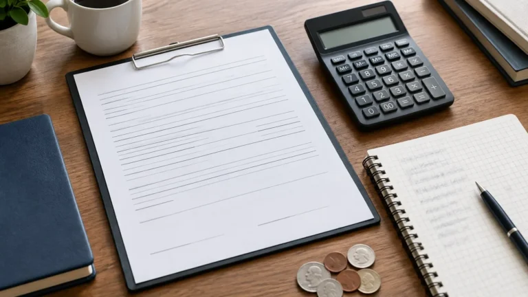 Calculator, generic personal loan agreement and household budget notebook on a desk