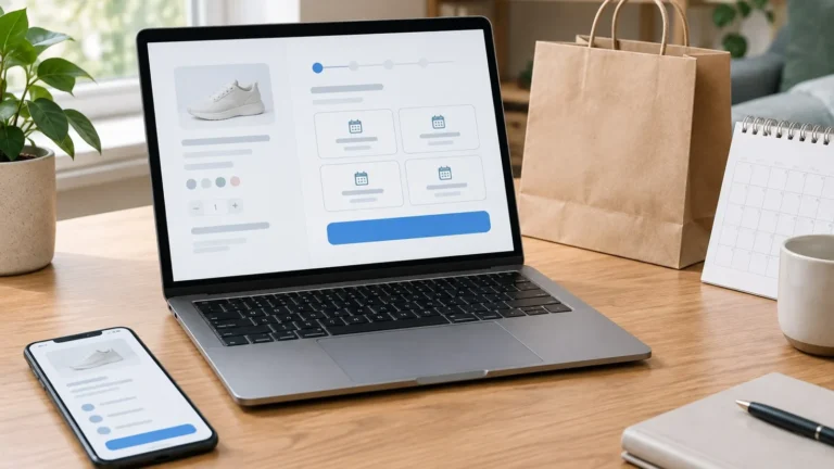 Laptop, smartphone, shopping bag and four generic installment cards representing buy now, pay later