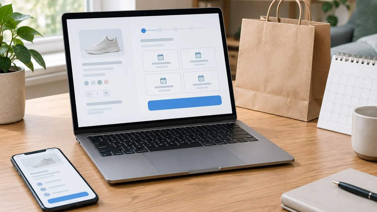Laptop, smartphone, shopping bag and four generic installment cards representing buy now, pay later