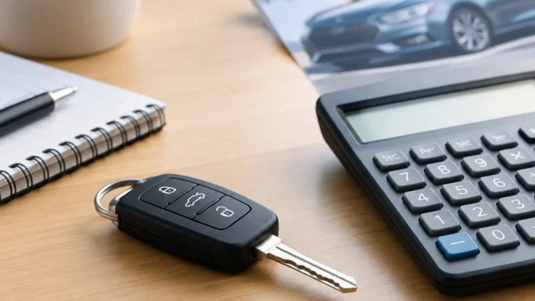 Car key, calculator, notebook, and a photograph of a car on a desk