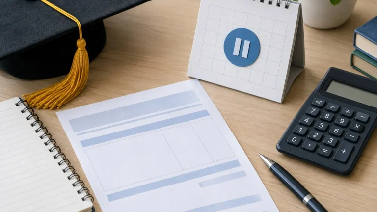 Calendar, calculator, notebook and student loan papers representing a temporary payment pause