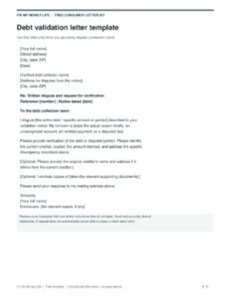 First page of the free printable debt validation letter template