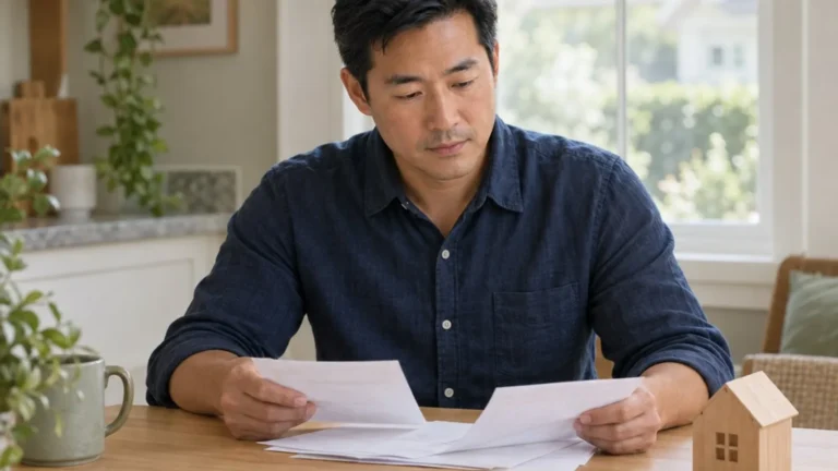 Man reviewing mortgage paperwork at a kitchen table with a small house model nearby