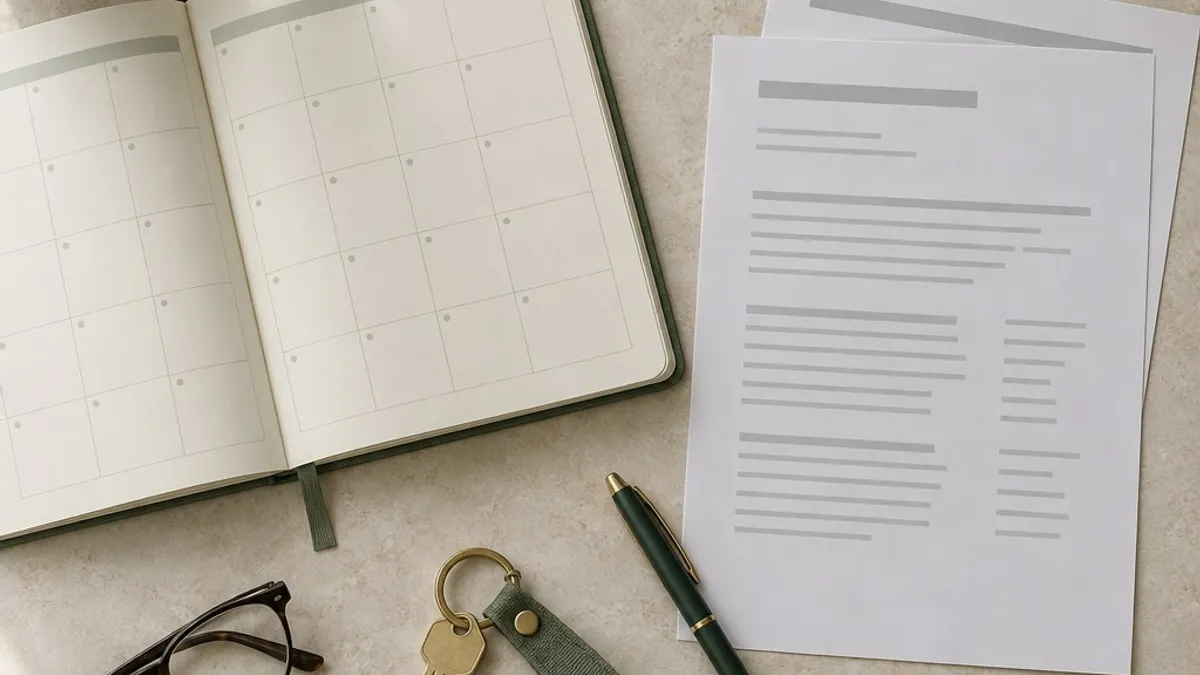 Overhead view of a monthly planner, mortgage documents and house keys on a pale desk