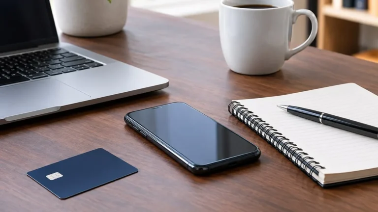 Laptop, phone, notebook, and generic payment card illustrating review of an unfamiliar credit inquiry.