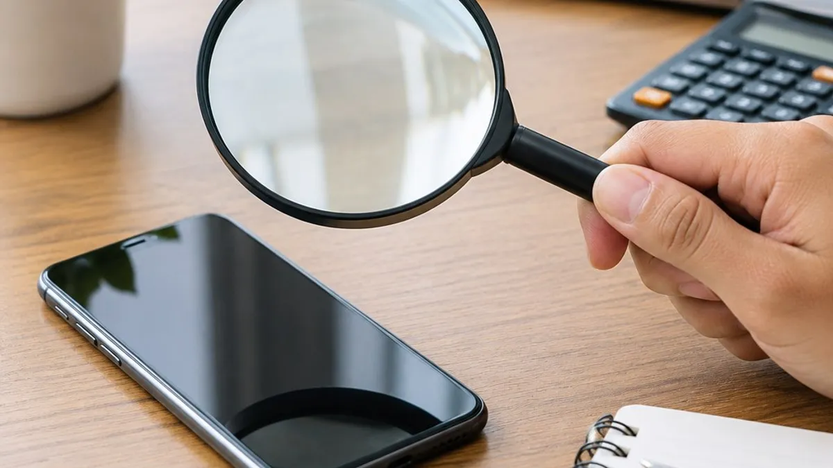 Hand holding a magnifying glass beside a phone, notebook, calculator, and laptop