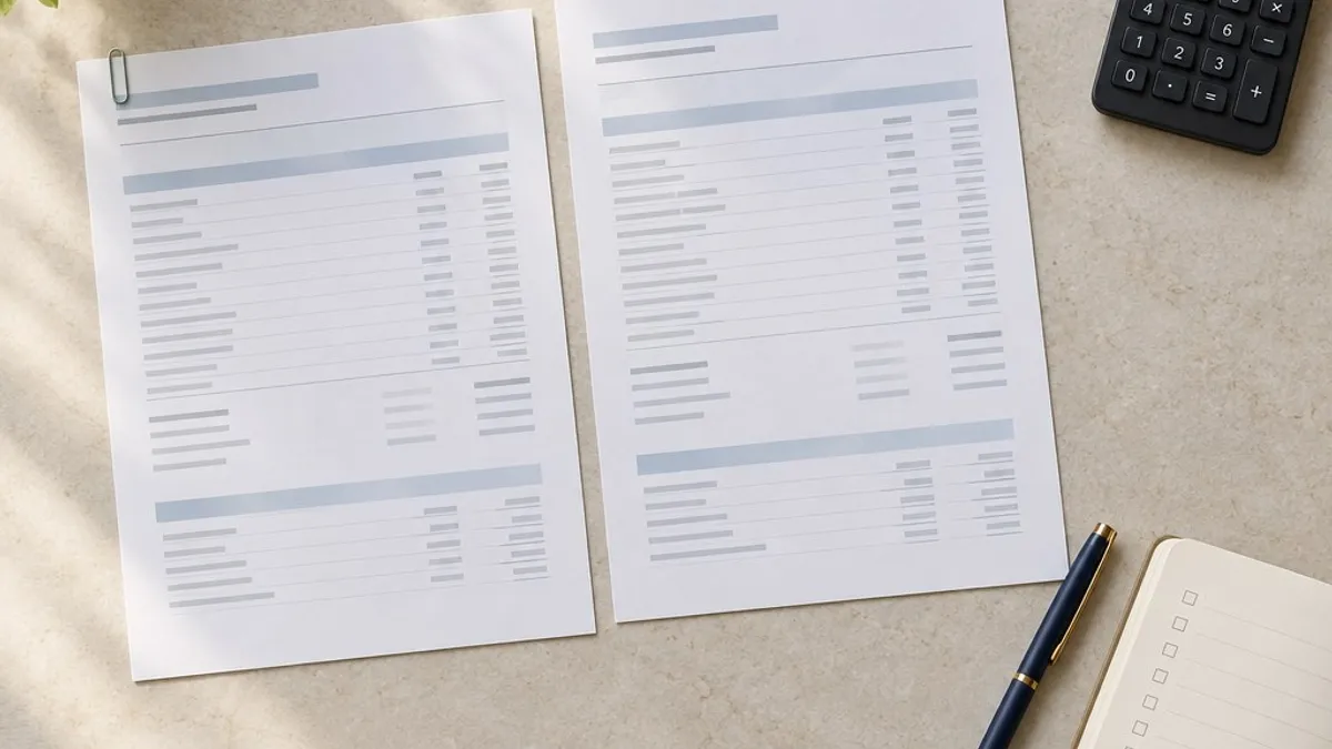 Two card statements beside a calculator, a pen and a notebook for comparing charges
