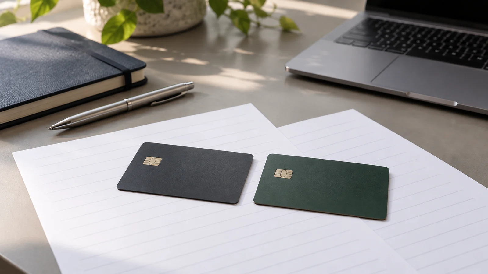 Two unbranded credit cards on lined papers beside a laptop, notebook and pen on an office desk.