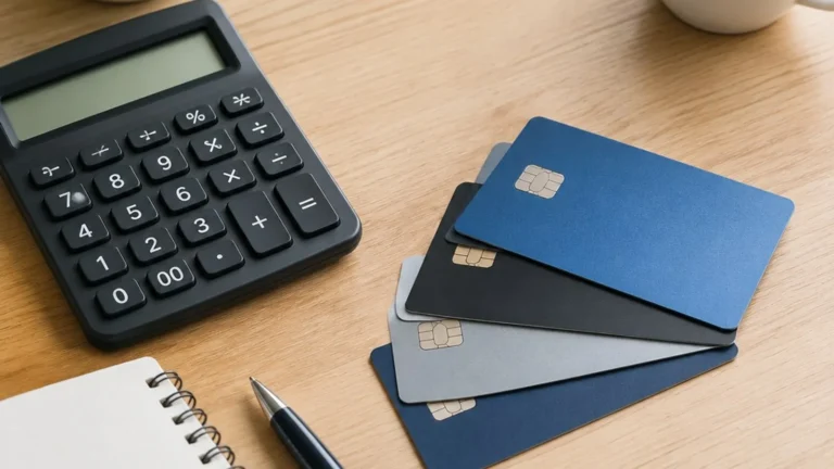 Generic payment cards and calculator illustrating per-card and total credit utilization.