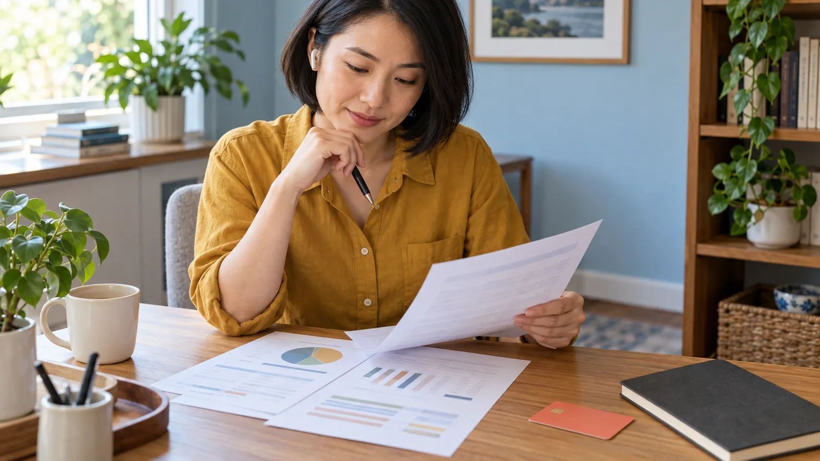 Woman in an ochre shirt reviewing budget papers with an earbud and a pen at her desk
