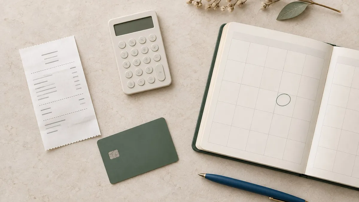 Return receipt beside a monthly planner, calculator and credit card on a desk
