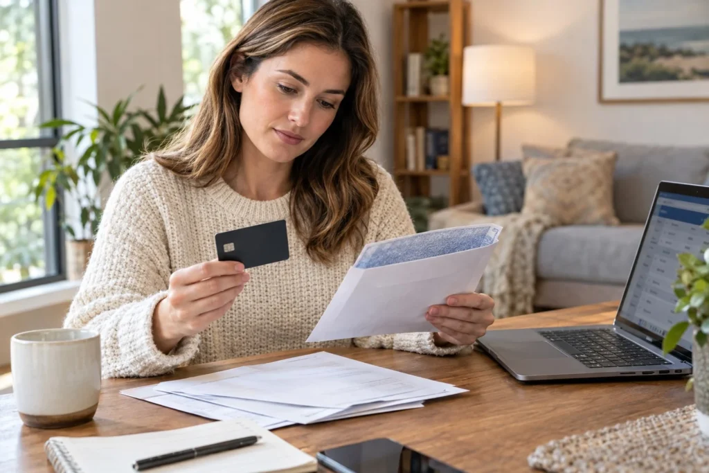 Woman reviewing a credit card and refund paperwork at home beside a laptop