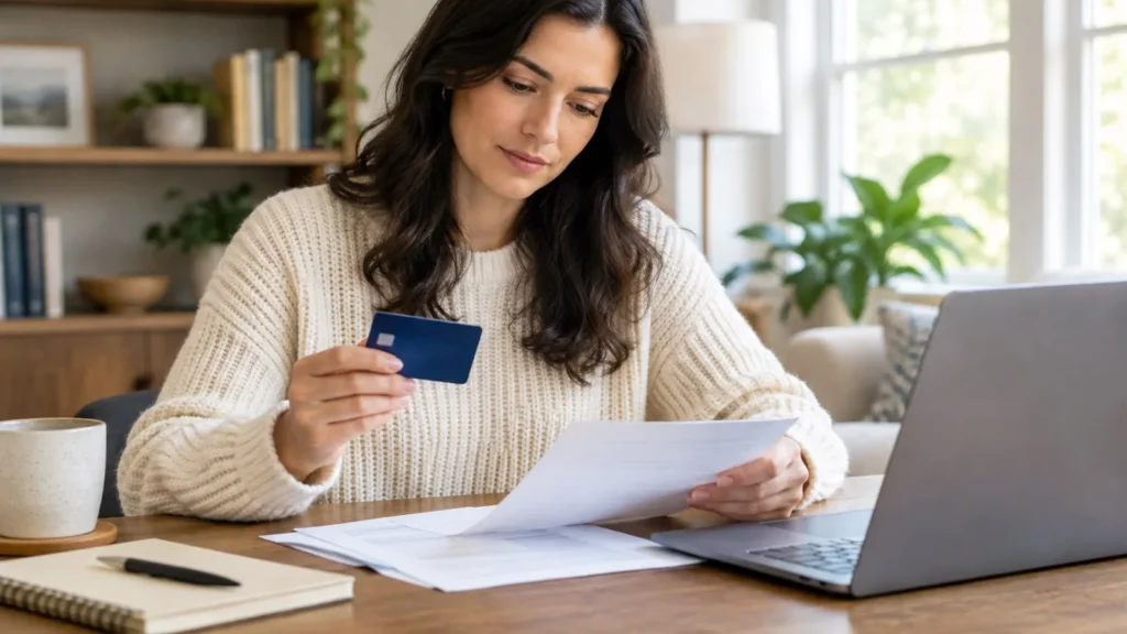 Woman reviewing a credit card and financial paperwork beside a laptop at home