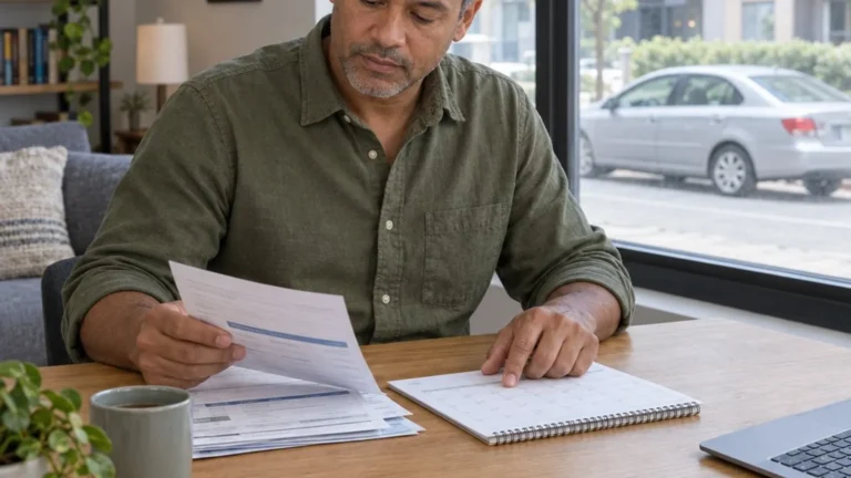 Man reviewing auto loan paperwork at a desk with a parked car visible through the window