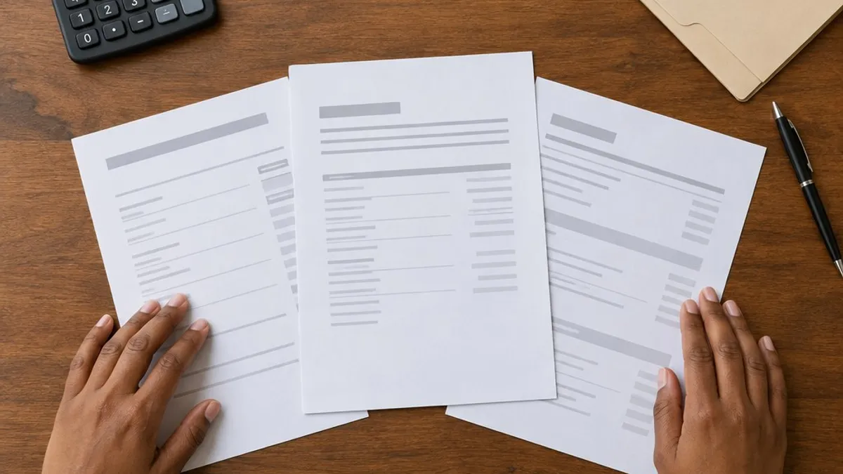 Hands comparing a vehicle sale statement with loan records beside a calculator and car keys