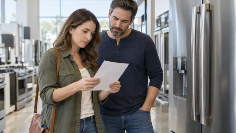 Couple reviewing a financing offer beside a refrigerator in an appliance showroom