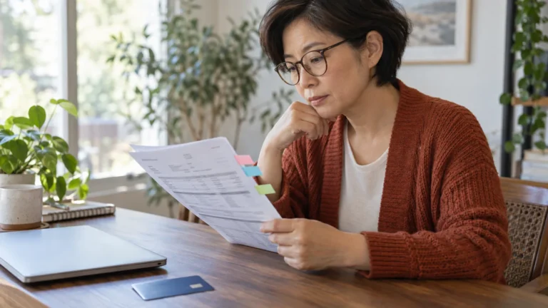 Woman reviewing a credit card statement with colored tabs at a home office desk