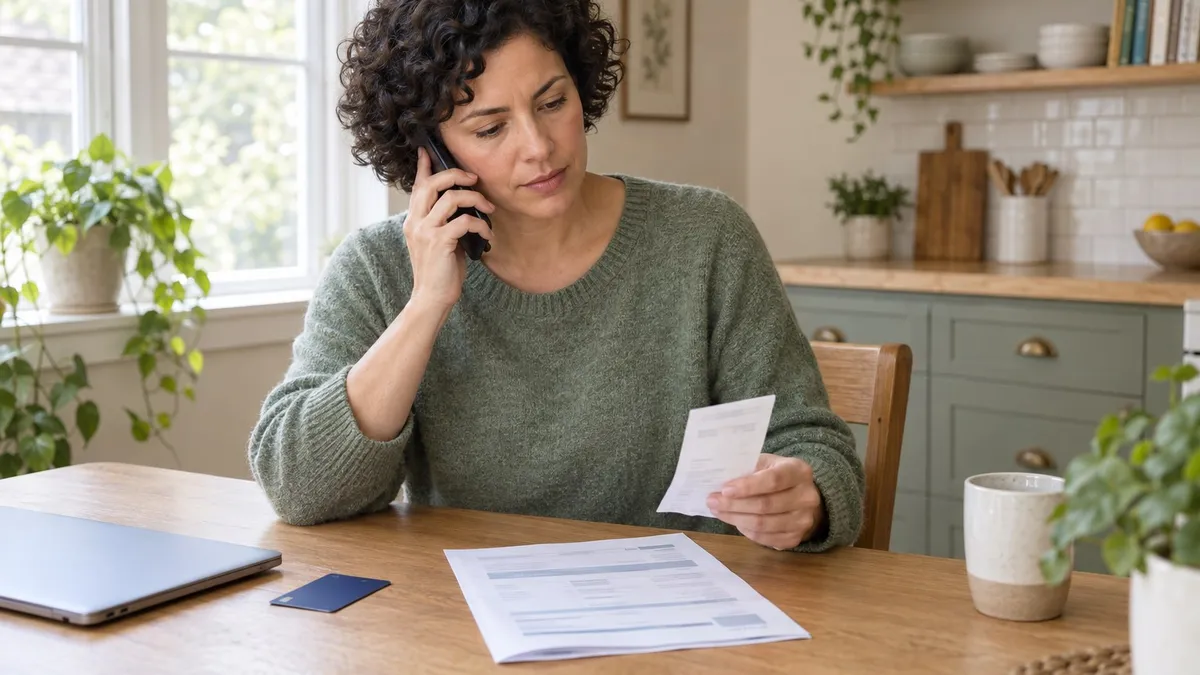 Woman holding a receipt and phone, with a statement and generic payment card on the table