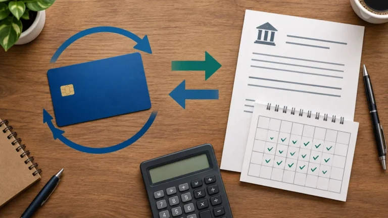 Generic credit card beside a loan repayment schedule and calculator