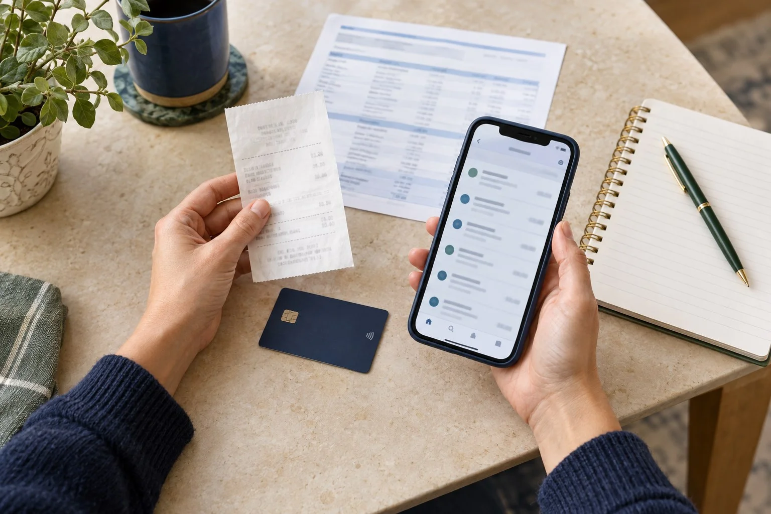 Person comparing a return receipt and card account information while tracking a missing credit card refund