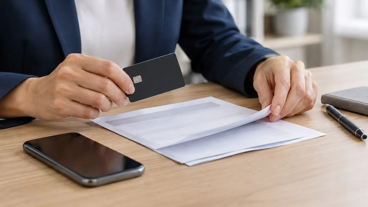 Professional hands reviewing a credit card statement beside a phone and an unused card