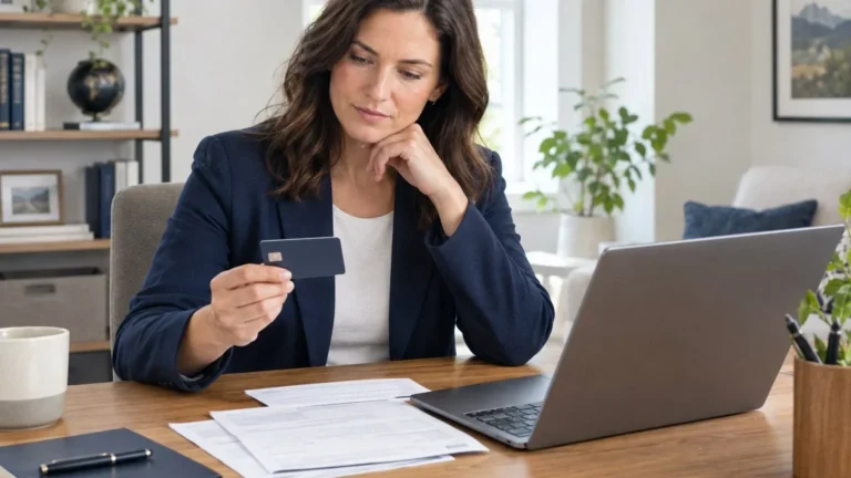 Professional woman reviewing an unused credit card at a desk with a laptop and financial paperwork