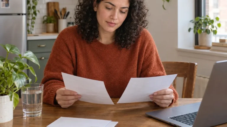 Woman reviewing household bills at a kitchen table beside a laptop and a glass of water