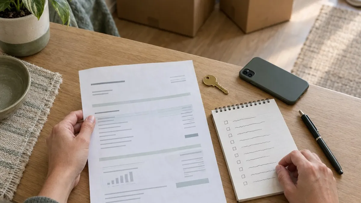 Hands organizing a final household bill and a moving checklist beside keys and cardboard boxes