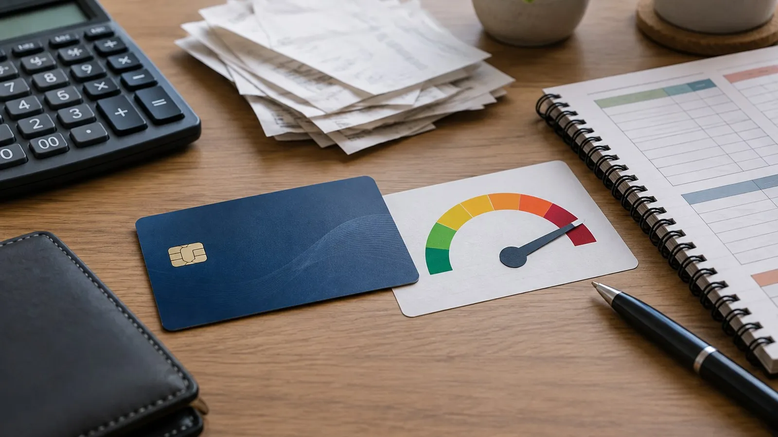 Generic credit card near a limit gauge, calculator and household budget planner