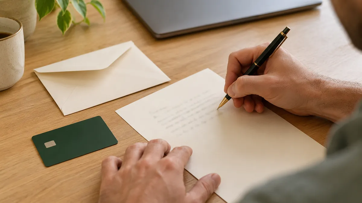 Man writing a refund request beside an envelope and a credit card