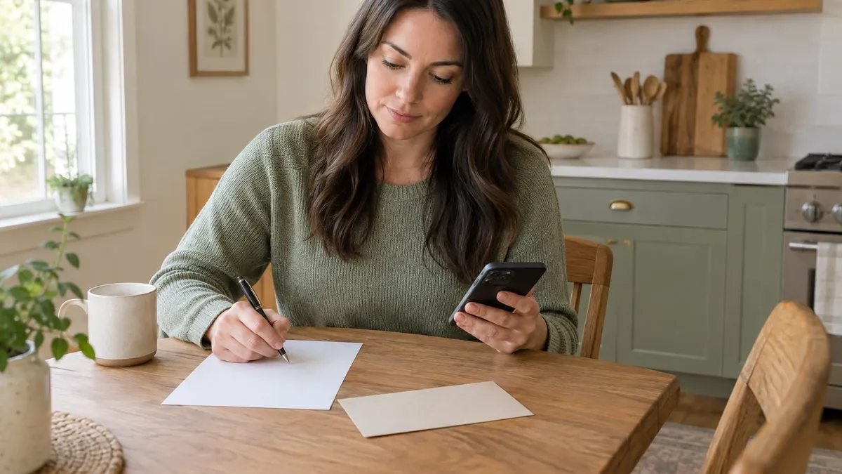 Woman writing a request to stop debt collection calls at her workplace